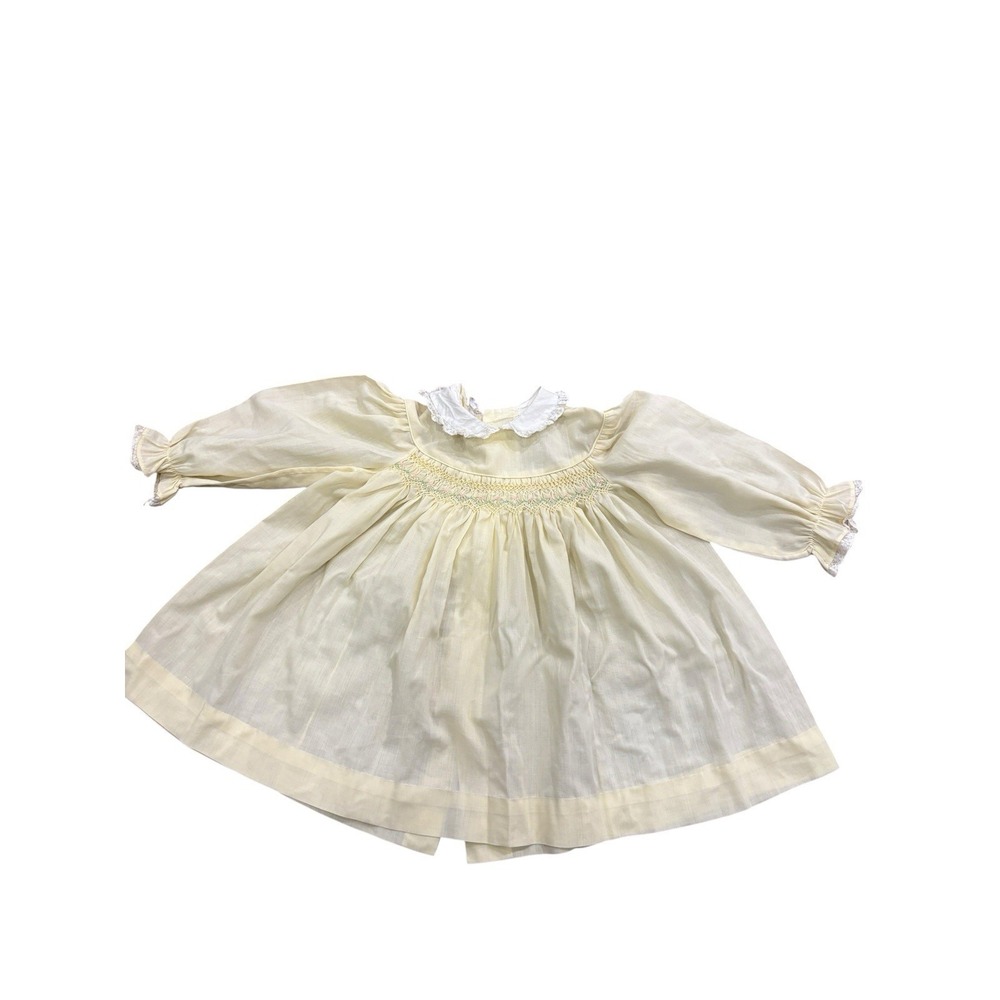 Vtg Polly Flinders Baby Dress 24m Yellow Hand Smocked Lace Ruffle Cottagecore